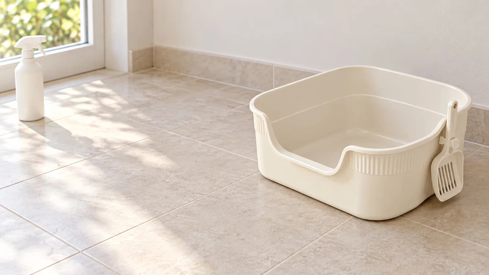 Bac de propreté semi-fermé posé sur un carrelage clair, pelle clipsée sur le flanc, flacon de nettoyant posé à l'écart