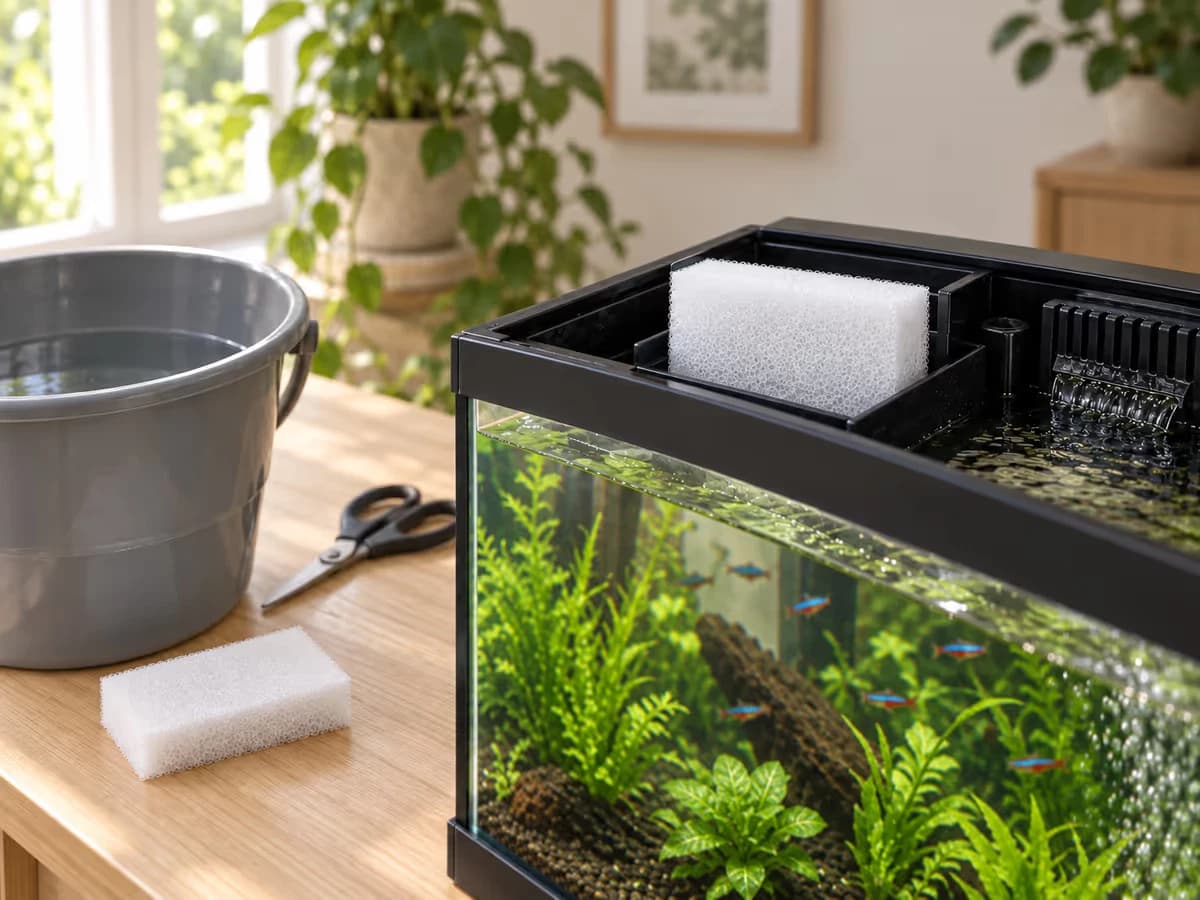 Une plaque de mousse filtrante fraîchement taillée posée dans le compartiment d'un filtre, un seau d'eau du bac à côté