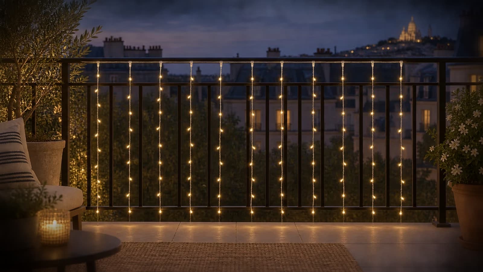 Rideau de colonnes de diodes blanc chaud suspendu à la main courante d'un garde-corps de terrasse à la tombée du soir