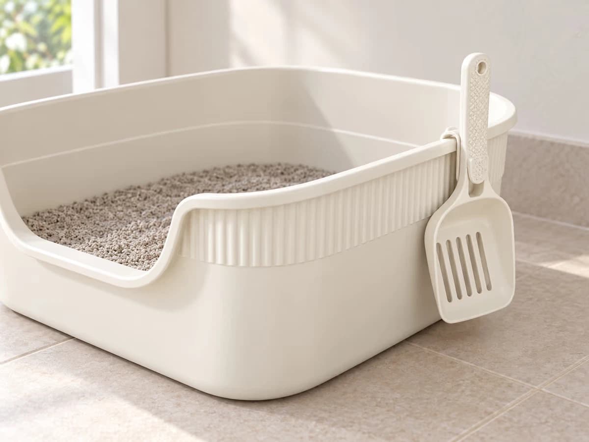Pelle à litière de 24 cm clipsée sur la paroi latérale extérieure d'un bac de propreté semi-fermé, cuve garnie