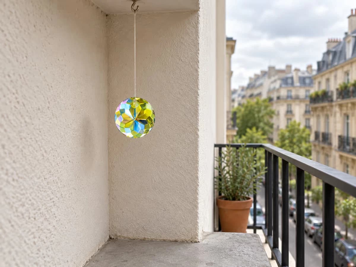 Balcon étroit fermé par deux cloisons pleines, un disque de cristal suspendu dans l'angle contre le mur, garde-corps et rue en contrebas