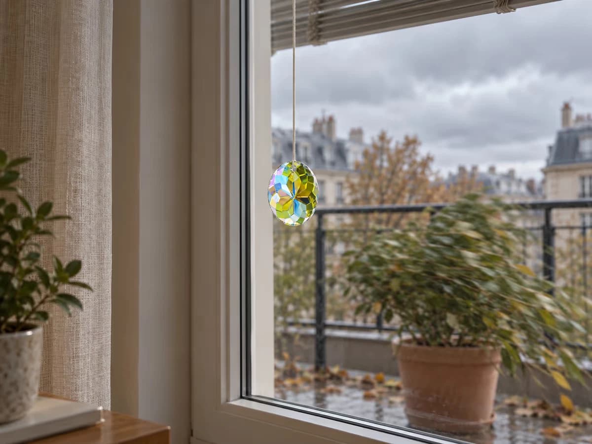 Disque de cristal pendu devant un carreau côté intérieur, store à lamelles ouvert sur un balcon où le feuillage d'une plante est couché par le vent