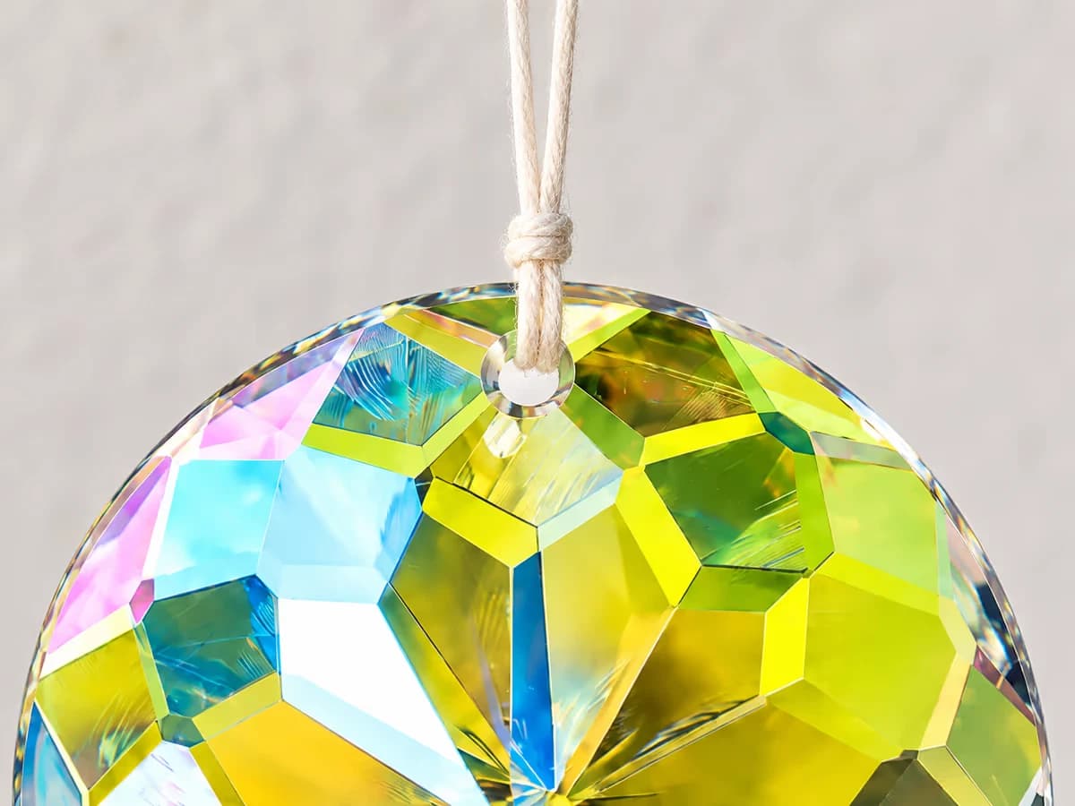 Gros plan sur le haut d'un disque de cristal taillé, fil clair passé dans le trou de passage et noué au-dessus, bords des facettes nets