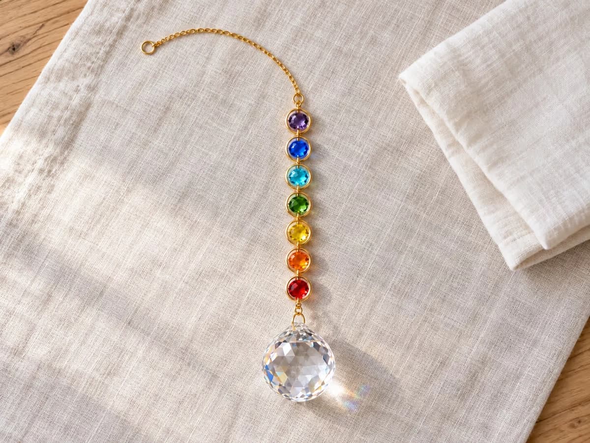 Pierres rondes colorées posées à plat sur un linge clair, un chiffon doux posé à côté, chaîne dorée déroulée