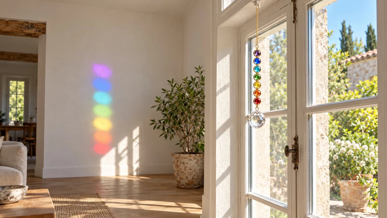 Suspension dorée à sept pierres rondes colorées et boule facettée au bas, tendue devant un carreau ensoleillé, traînée de taches colorées sur le mur blanc d'en face