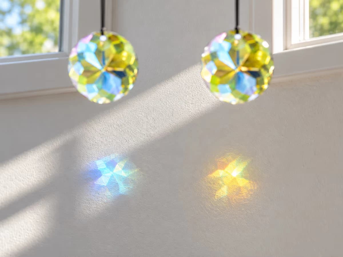 Deux taches colorées distinctes côte à côte sur un mur blanc, l'une bleutée et l'autre dorée, projetées par deux disques de cristal suspendus