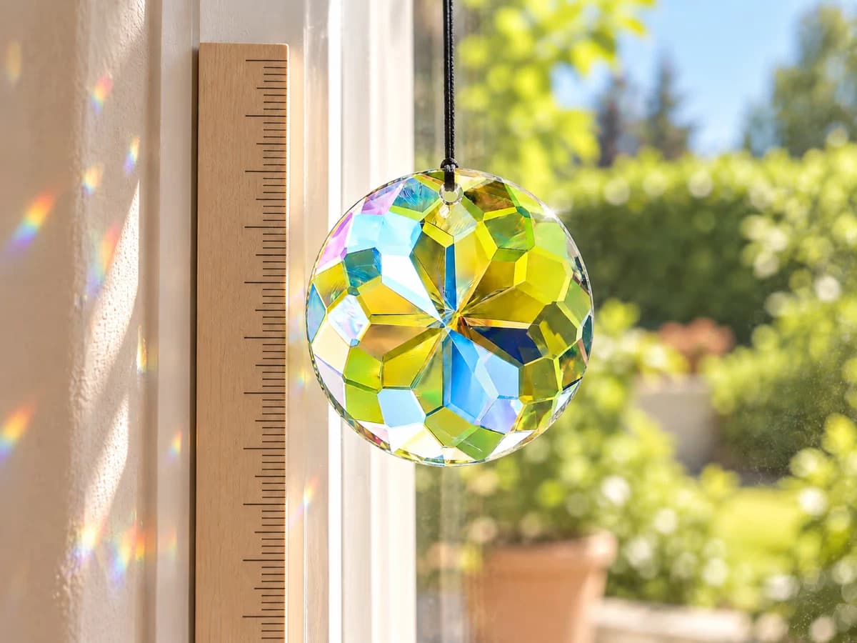 Un disque de cristal taillé de 30 mm suspendu devant un carreau ensoleillé, une règle graduée posée contre le montant de la fenêtre