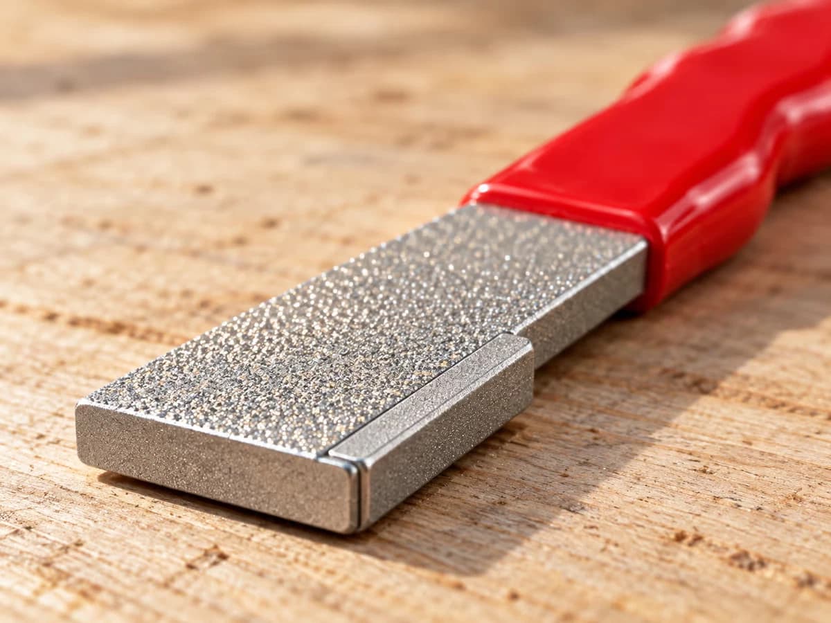 Gros plan sur la face abrasive d'une pierre à affûter portative, grains serrés en lumière rasante sur un établi