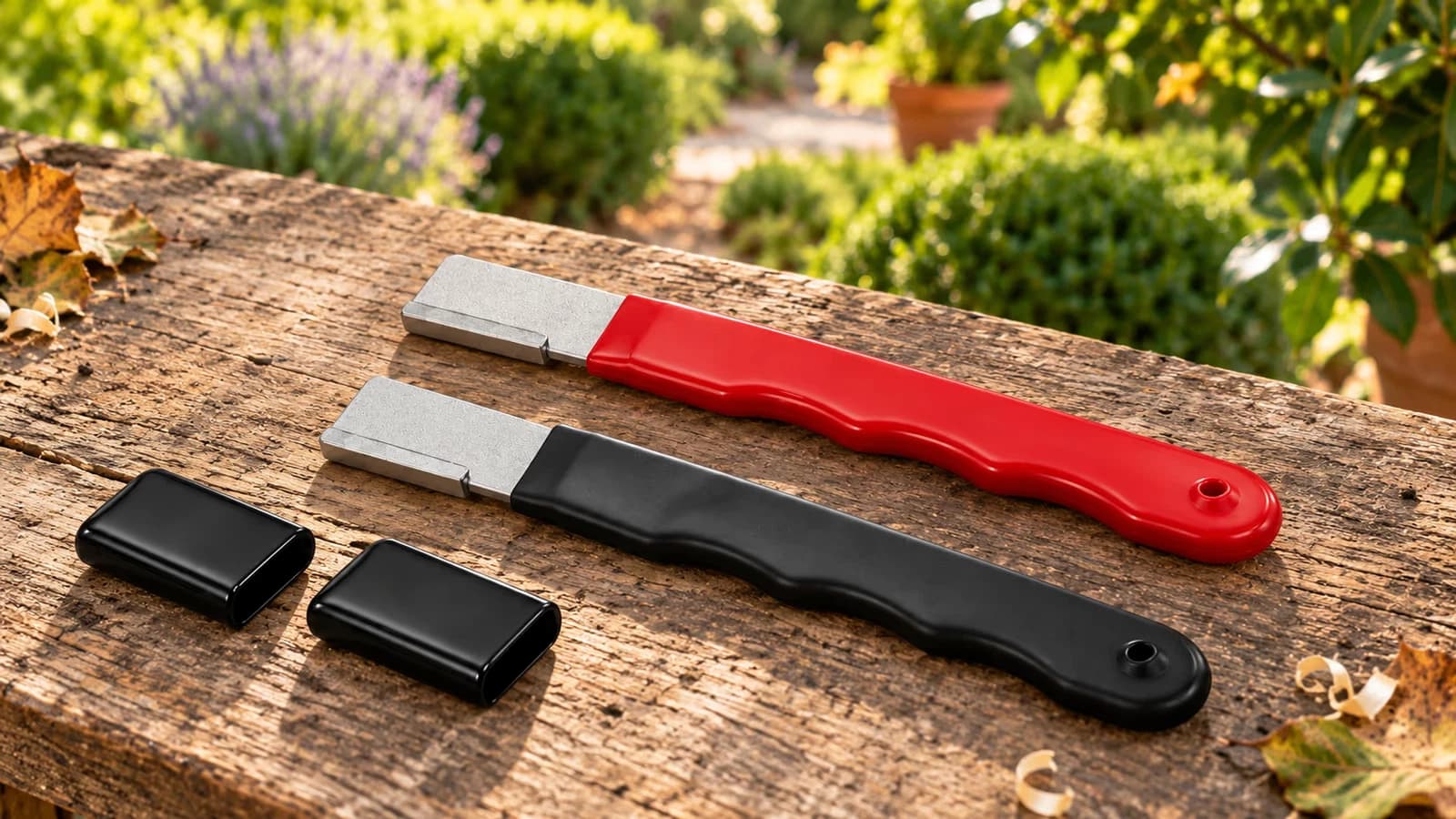 Deux pierres à affûter portables sur un établi de jardin, une rouge brillant et une noire mate, leurs capuchons posés à côté