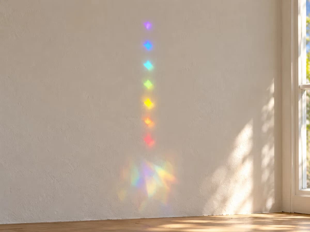 Mur clair d'une pièce portant une traînée verticale de taches colorées projetées par une suspension de fenêtre