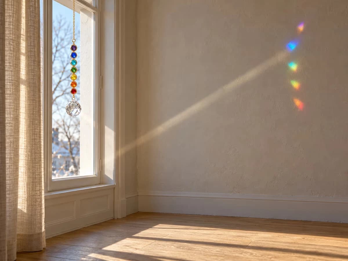 Rayon de soleil bas d'hiver traversant un carreau et portant les taches colorées en hauteur sur le mur opposé