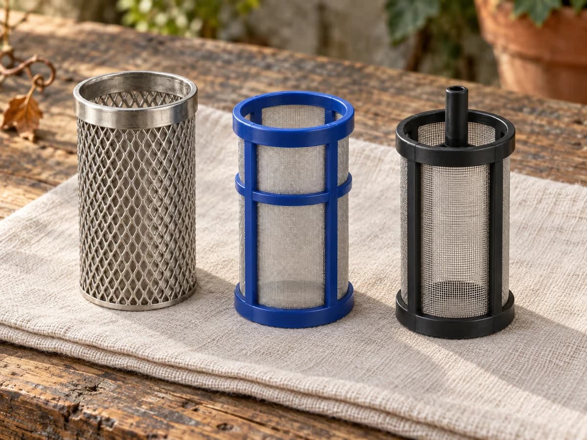 Tamis inox déposés côte à côte sur un linge clair : cage de crépine, tamis de filtre de cuve et tamis amovible de préfiltre à bocal