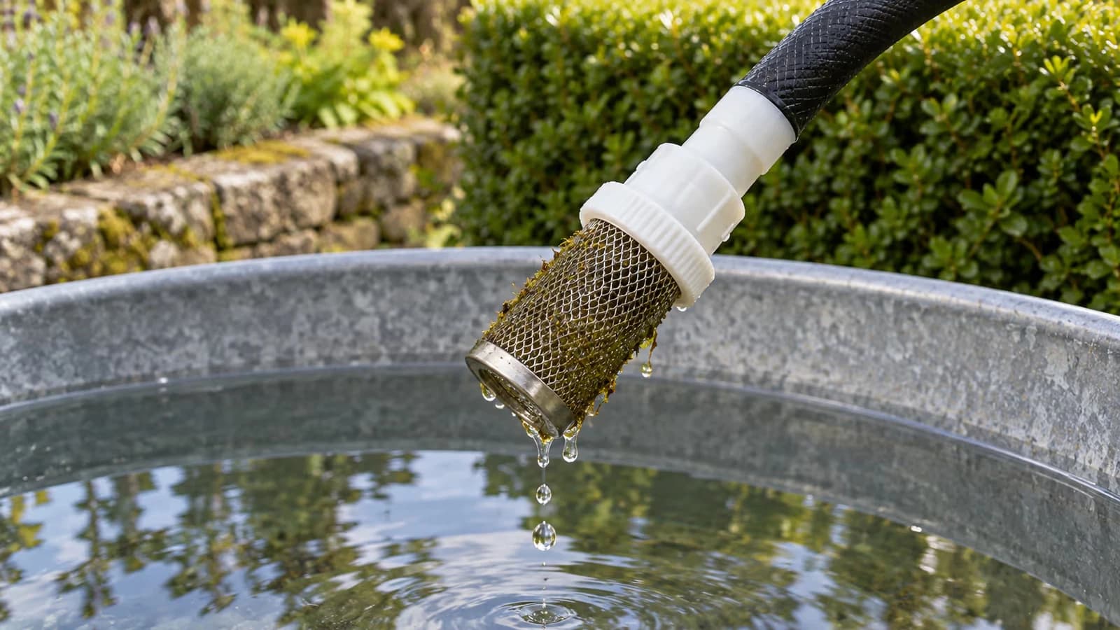 Crépine à tamis inox de 24 mm hissée hors de l'eau au bout d'un tuyau souple, mailles voilées d'un film verdâtre et de débris fins