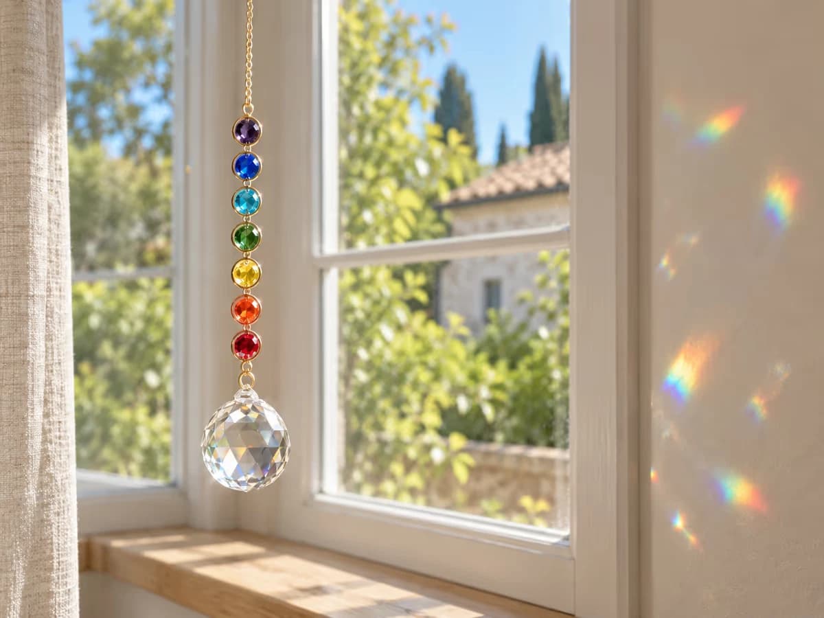 Boule de verre facettée au bas d'une suspension pendue devant une fenêtre, écartée du rebord, taches colorées posées sur le mur d'en face