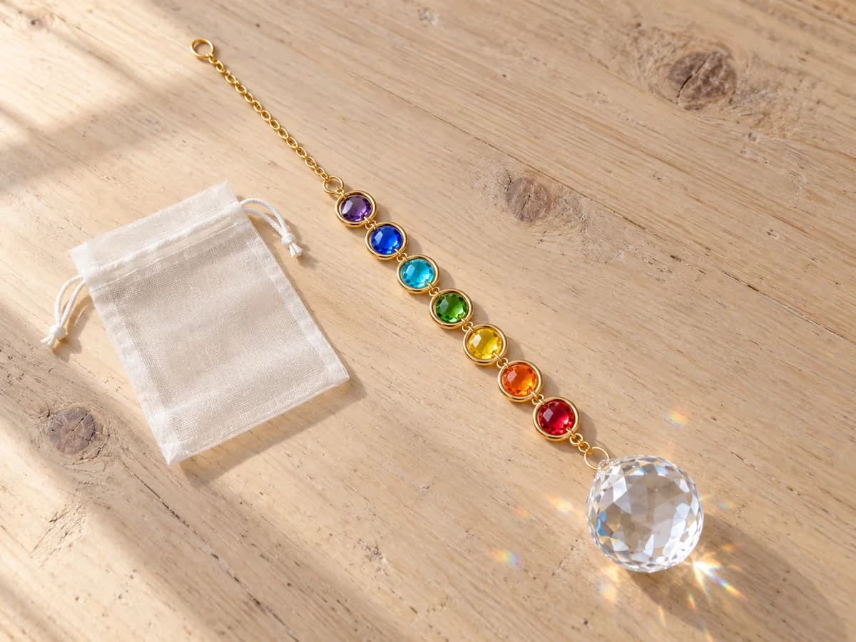 Chaîne à sept pierres en verre coloré étalée à plat sur une table en bois clair, maillons et entourages dorés alignés, boule facettée à l'extrémité basse