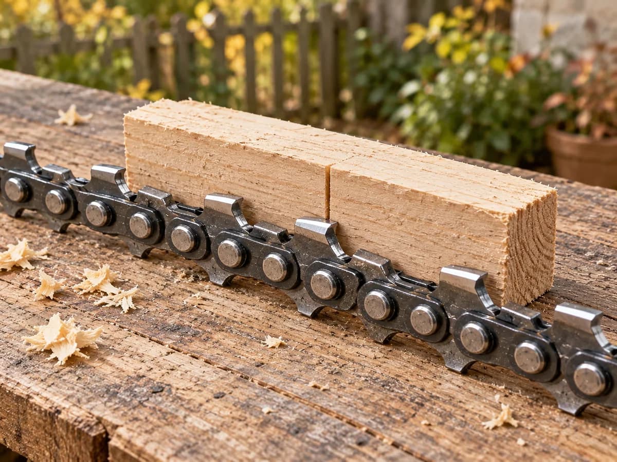 Chaîne posée à plat sur un établi, une cale de bois entaillée le long des dents pour repérer la plus courte