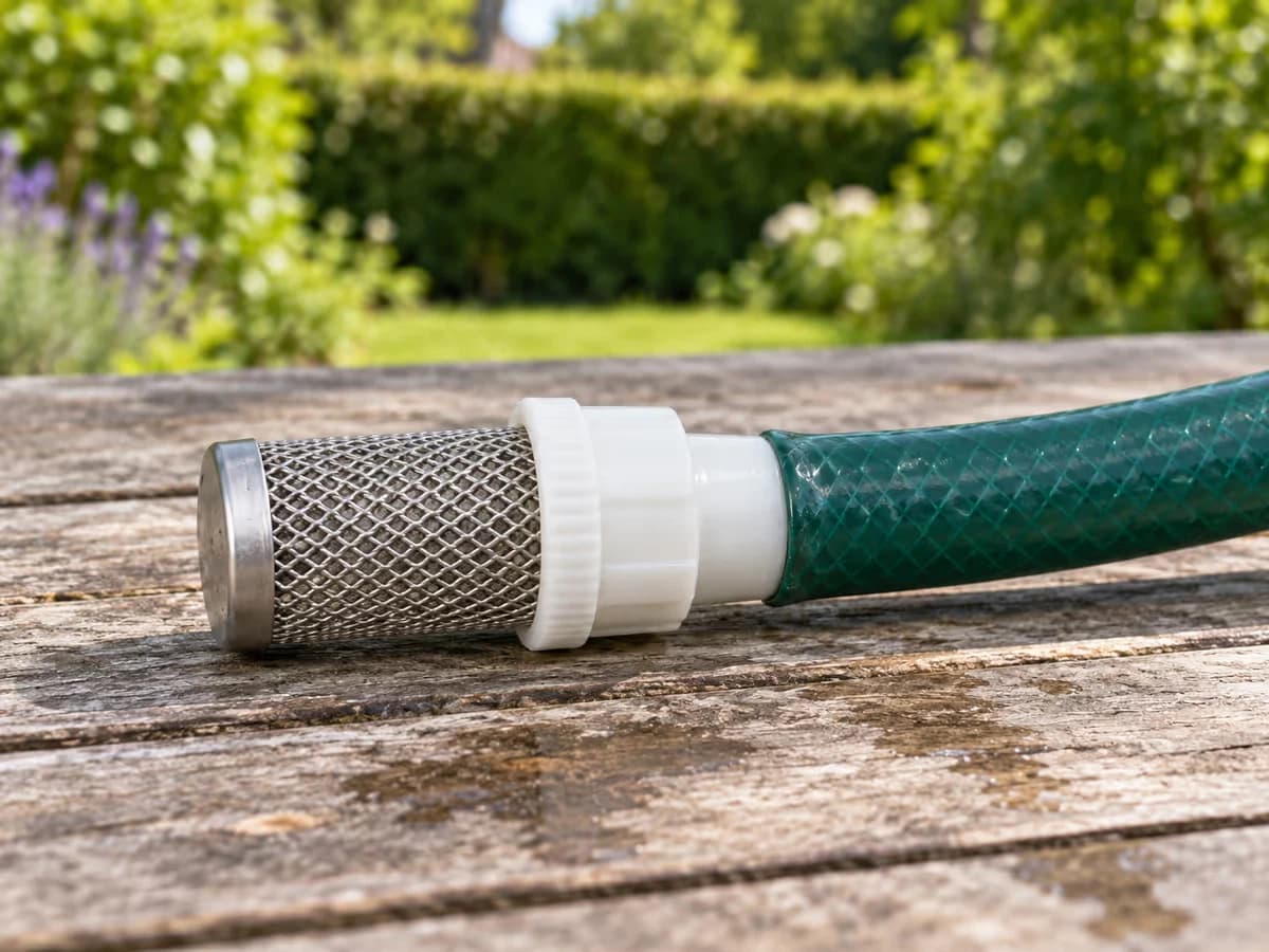 Queue cannelée d'une crépine engagée au bout d'un tuyau souple vert, corps en ABS et cage inox visibles