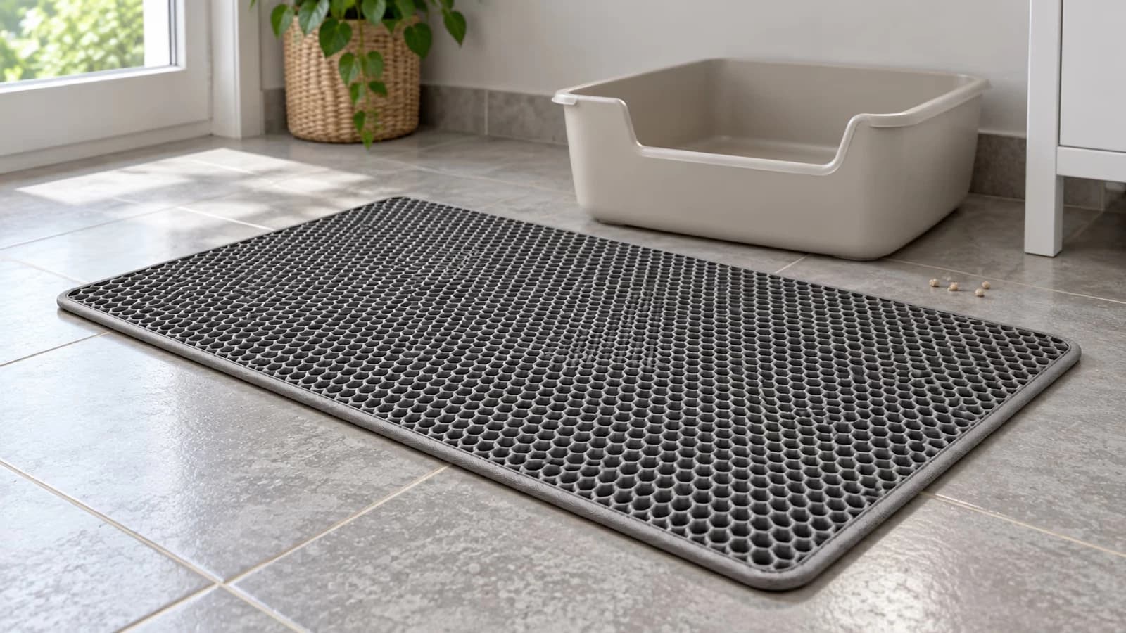 Tapis de litière gris à alvéoles posé sur un carrelage clair devant un bac de propreté, quelques granulés isolés au-delà du bord du tapis