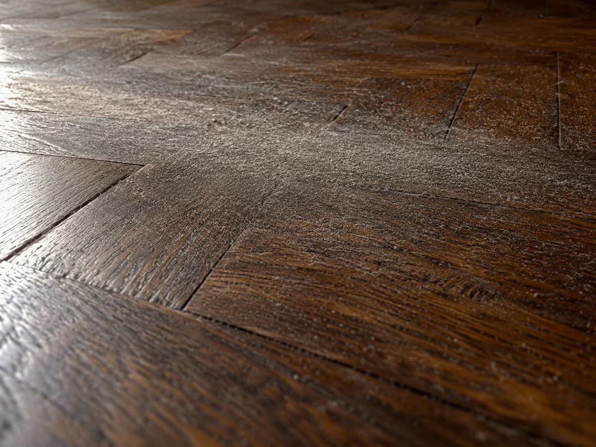Voile de poussière fine déposé sur un parquet sombre en lumière rasante, à distance d'un bac de propreté hors cadre