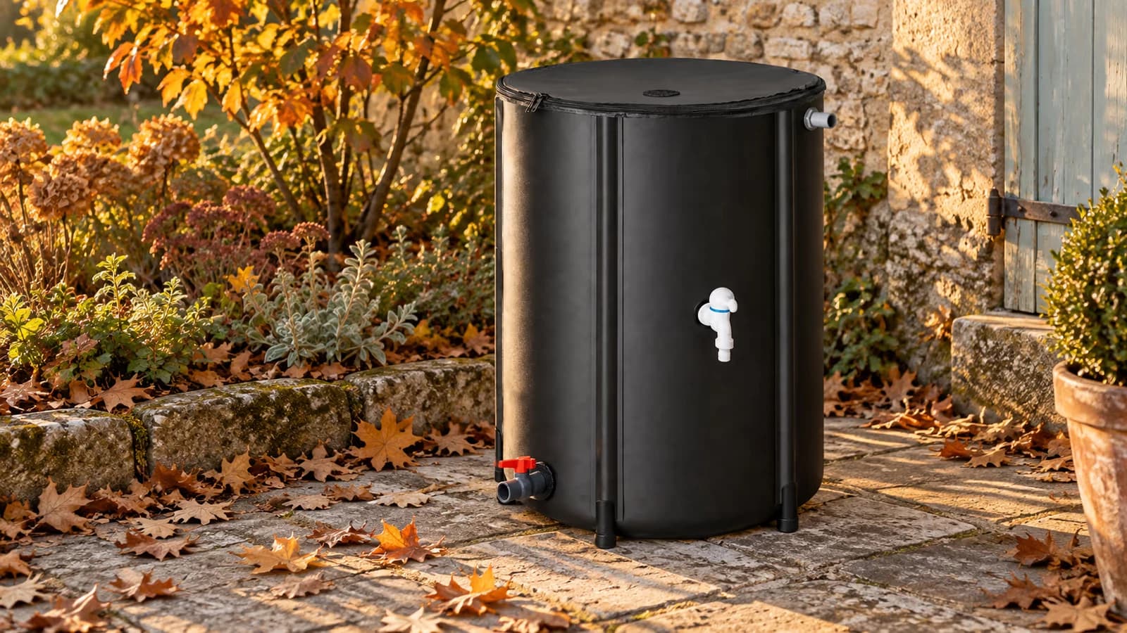 Récupérateur d'eau de pluie souple noir de 100 litres sur une terrasse couverte de feuilles mortes, lumière basse d'automne