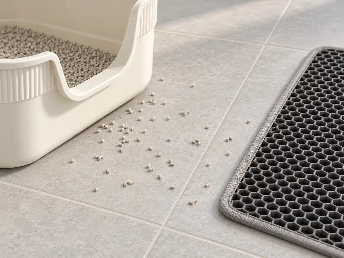 Grains de litière gris épars sur carrelage clair entre un bac de propreté et le bord d'un tapis de récupération posé à plat
