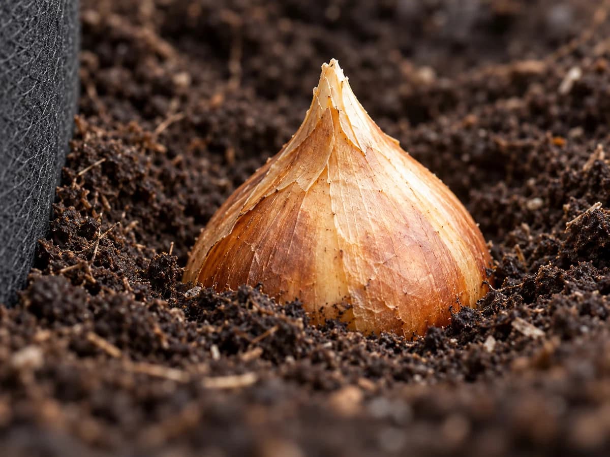 Gros plan sur un bulbe de tulipe posé dans un creux de terreau, pointe tournée vers le haut, avant la mise en place de la couche suivante