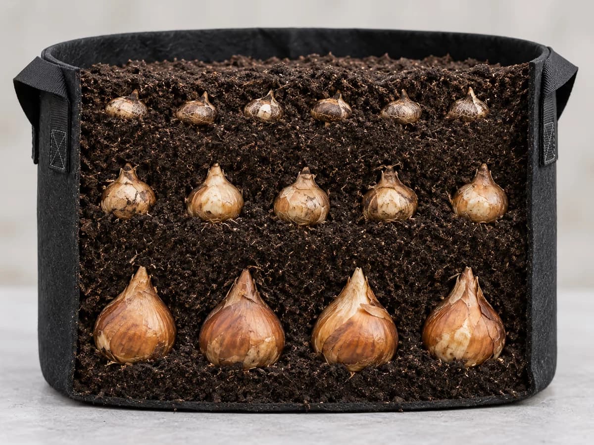 Vue en coupe d'un pot montrant trois niveaux de bulbes séparés par des couches de terreau, des plus gros en bas aux plus petits en surface