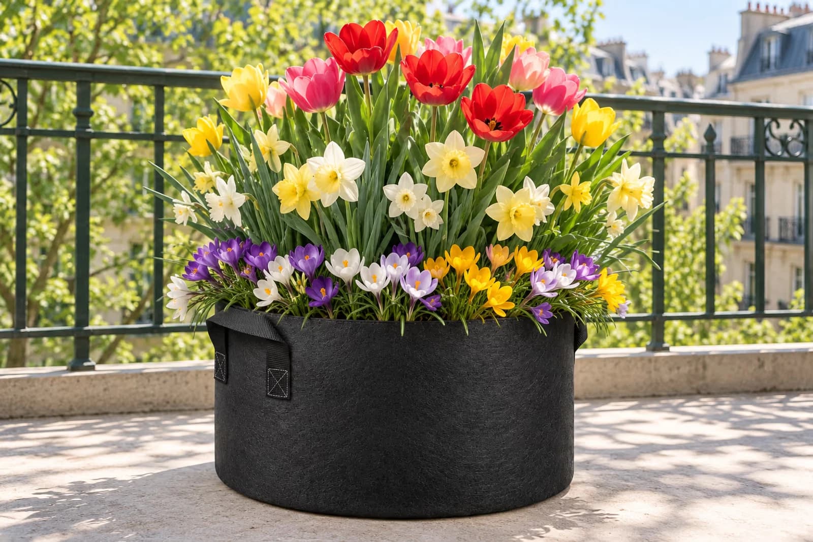 Pot en textile non tissé couvert de crocus, de narcisses et de tulipes ouvertes au même moment sur un balcon, au printemps