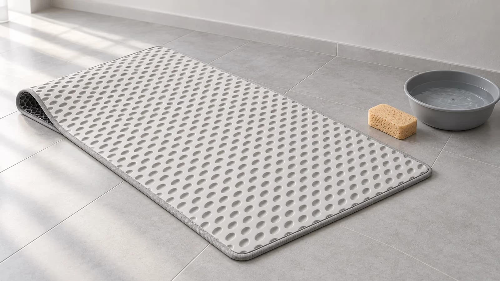 Tapis de litière double couche gris retourné sur un carrelage clair, face à picots ronds visible, éponge souple et bassine d'eau tiède posées à côté