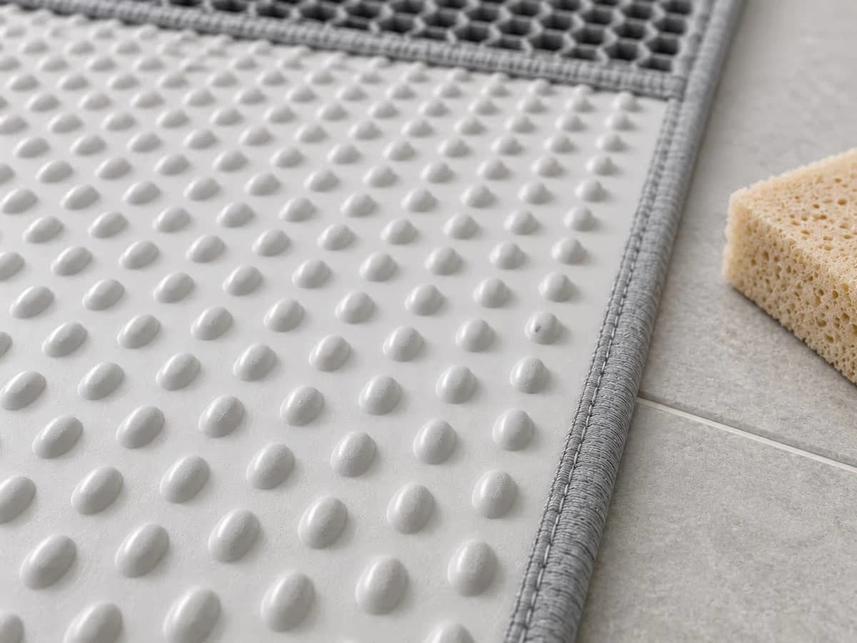 Face inférieure d'un tapis de litière gris retourné sur un carrelage clair, picots ronds alignés en lumière rasante, éponge souple posée à côté du tapis