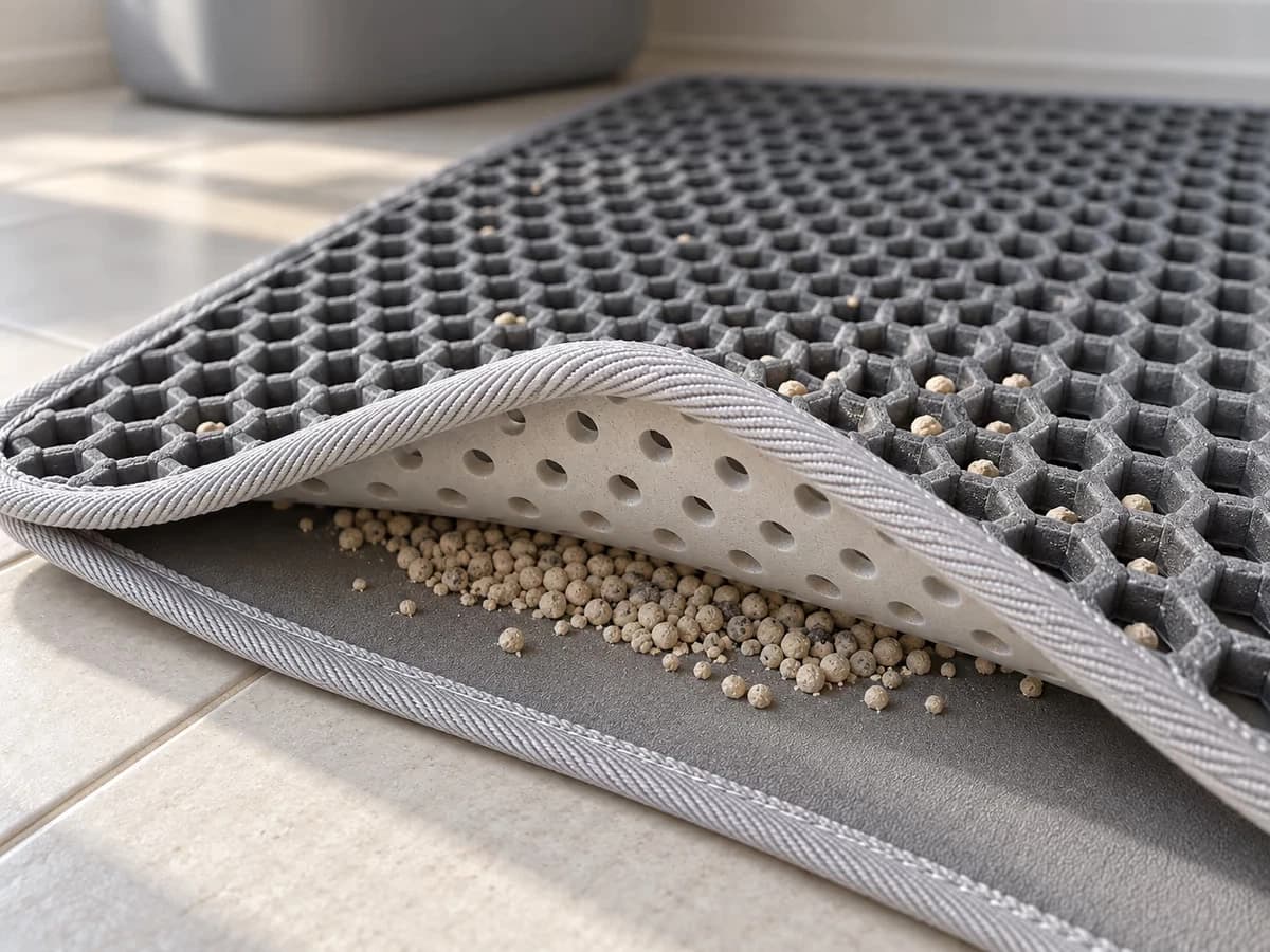 Gros plan sur l'ouverture entre les deux couches d'un tapis de litière gris, granulés d'argile accumulés dans la poche, poubelle floue en arrière-plan, carrelage clair