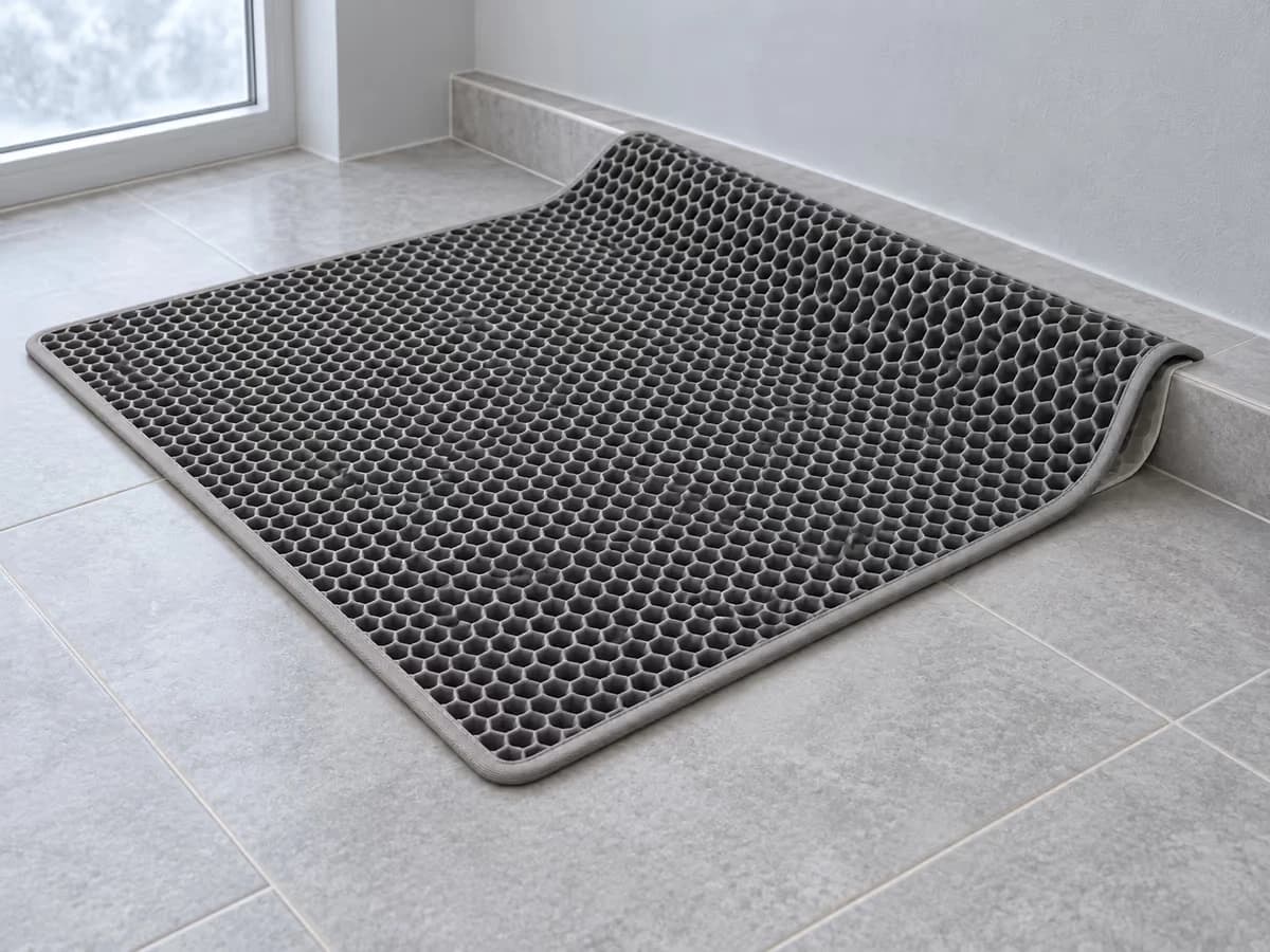 Tapis de litière gris étalé à plat sur un carrelage de salle de bain, un bord relevé sur un rebord, lumière froide de fenêtre sans soleil direct
