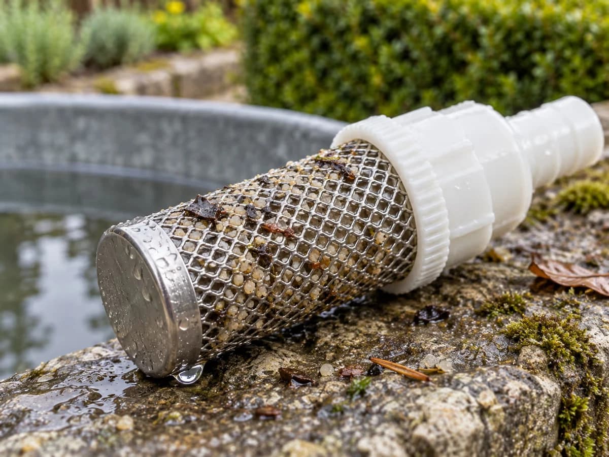 Cage à tamis inox de 24 mm sortie de l'eau, mailles claires chargées de sable fin et de débris végétaux