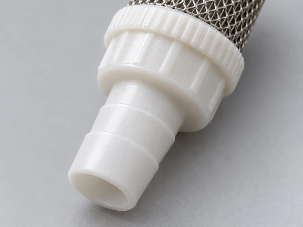 Queue cannelée de 23 mm d'un filtre de bout de ligne, bourrelet d'arrêt et collier moleté visibles sur le corps en ABS
