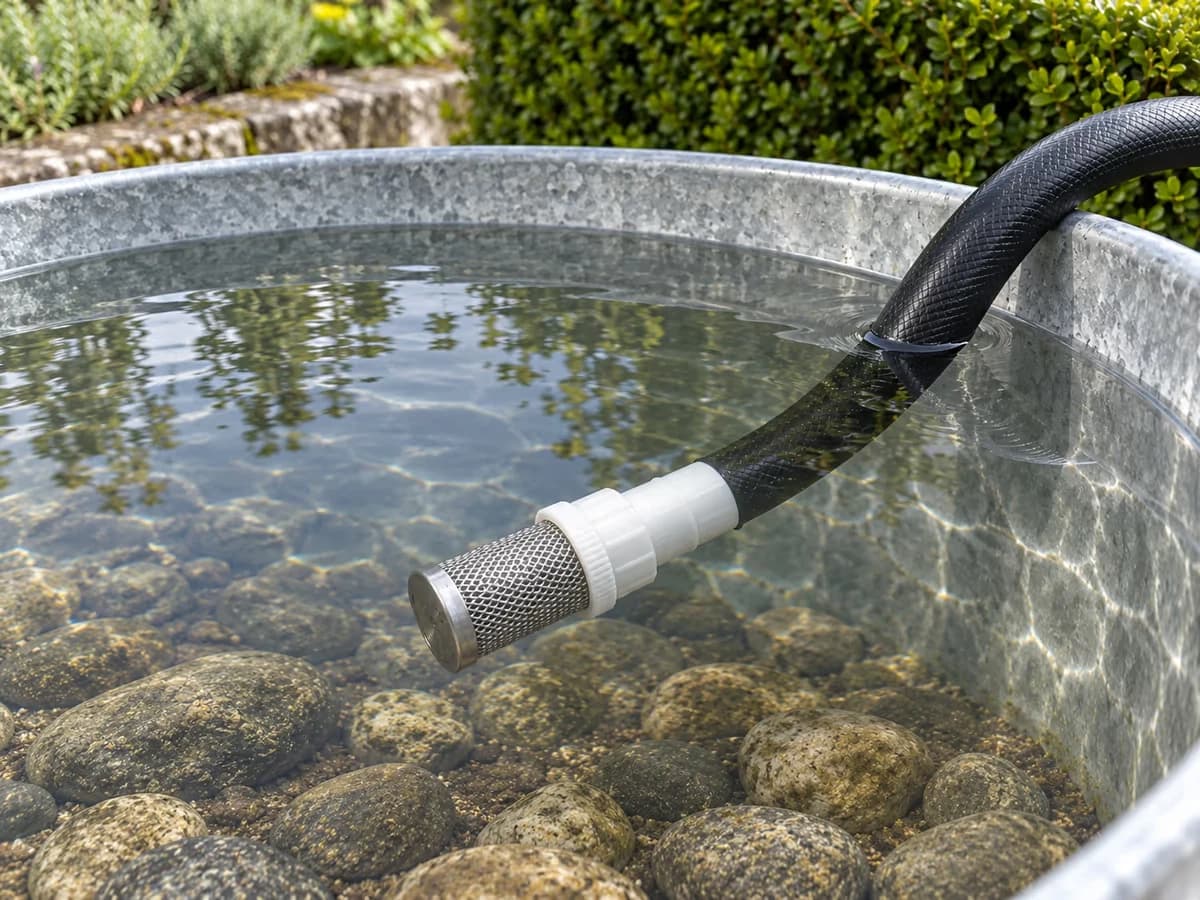 Crépine à tamis inox au bout d'un tuyau souple plongée dans l'eau d'une cuve, cage tenue à distance du dépôt de fond