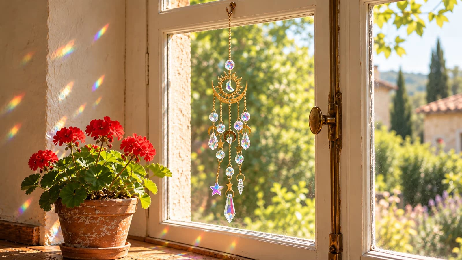 Suspension dorée en croissant de lune et soleil à rayons devant un carreau ensoleillé, cinq chaînettes de cristal taillé pendant en dessous, taches colorées sur le mur du fond