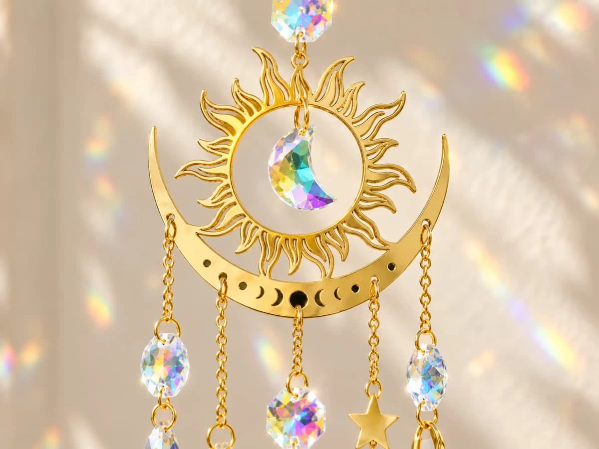 Gros plan sur la monture dorée en croissant de lune et soleil à rayons, entourée des breloques étoile et lune et des gouttes de cristal au bout des chaînettes