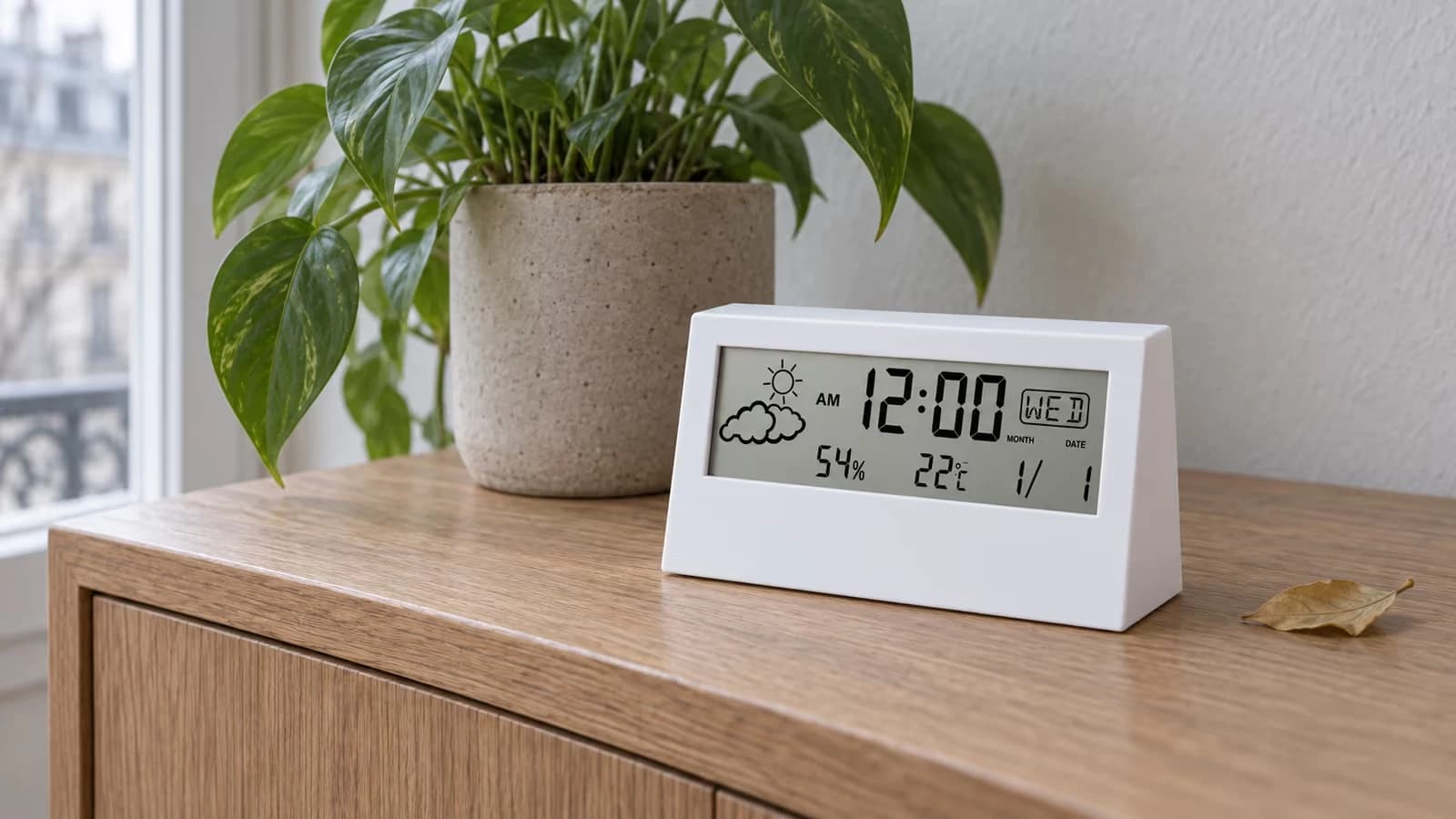 Bandeau à écran translucide posé sur une console en bois clair, feuilles de plante verte derrière l'écran, lumière grise d'un matin d'hiver