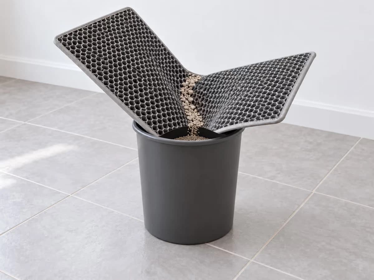 Tapis de litière gris soulevé par un angle au-dessus d'une poubelle ouverte, couche supérieure à alvéoles repliée et granulés visibles dans le pli