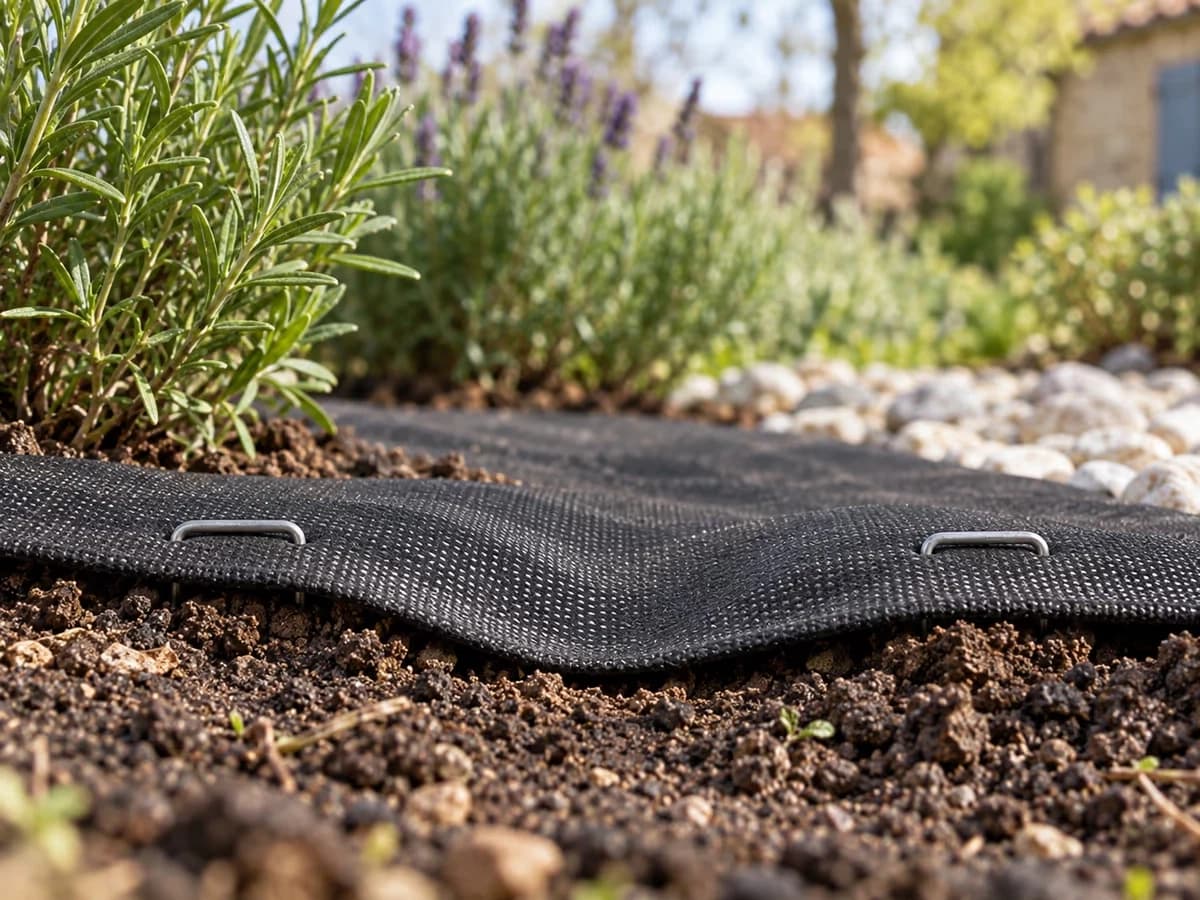Un lé de toile de paillage noir ondulant entre deux agrafes encore plantées, sur un massif de bordure en début de printemps