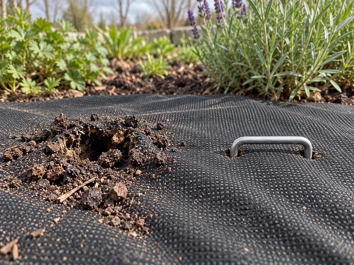 Une agrafe en U neuve plantée dans la terre intacte à côté d'un ancien passage élargi, sous un bord de toile de paillage