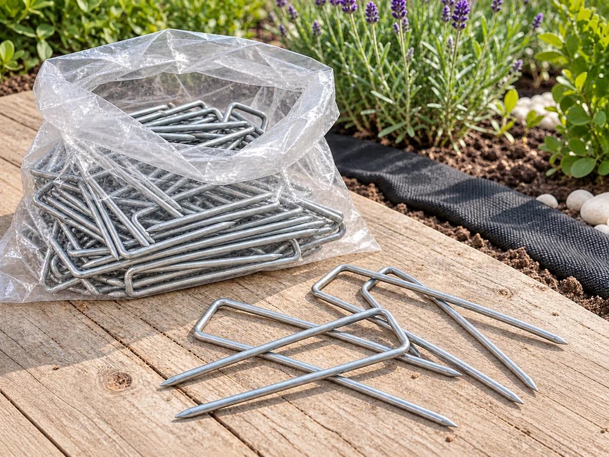 Un sachet d'agrafes en U entamé posé sur une planche près d'un bord de toile de paillage, dans un potager au printemps