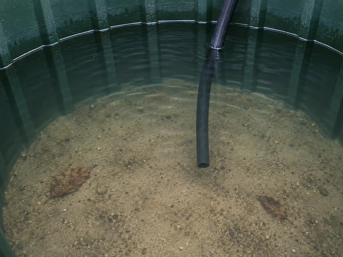 Vue plongeante dans une cuve d'eau de pluie : dépôt de sable beige-gris et de limon au fond, tuyau d'arrosage noir arrêté au-dessus du sédiment