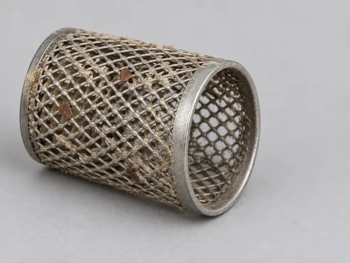 Cage à tamis inox posée sèche sur un papier gris, mailles chargées d'une poussière de limon ocre et de quelques écailles de rouille