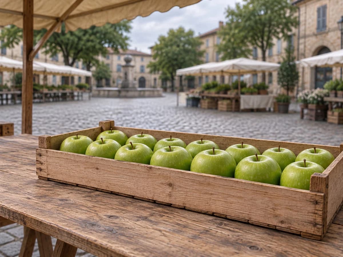 Pommes vertes alignées dans une cagette de bois sur un étal de marché