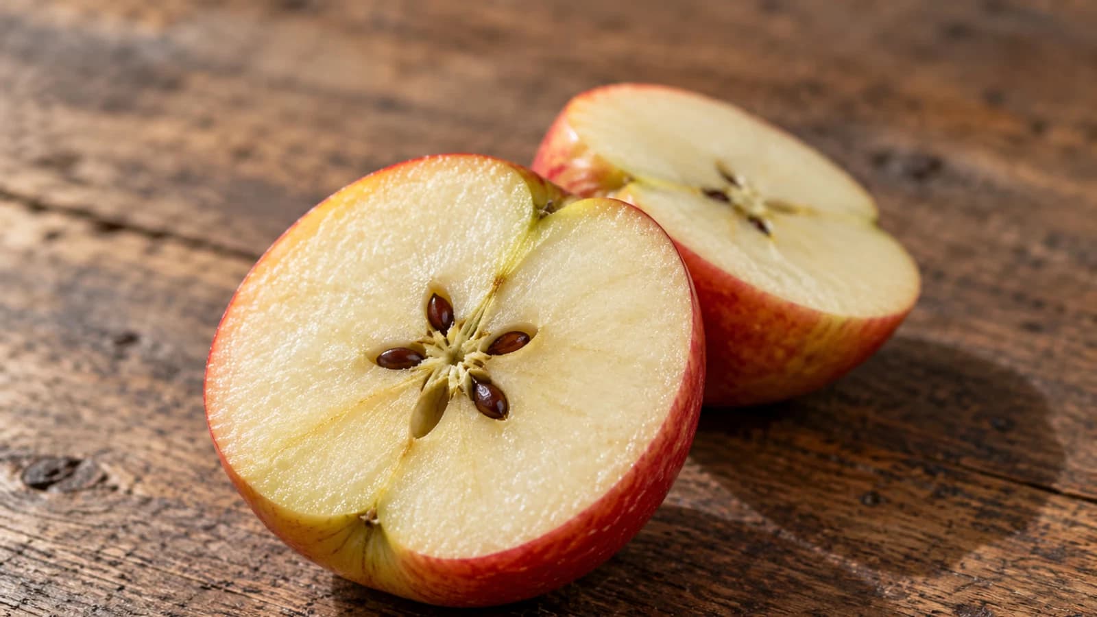 Pomme rouge coupée en deux sur une table de bois, pépins bruns dans les loges du cœur