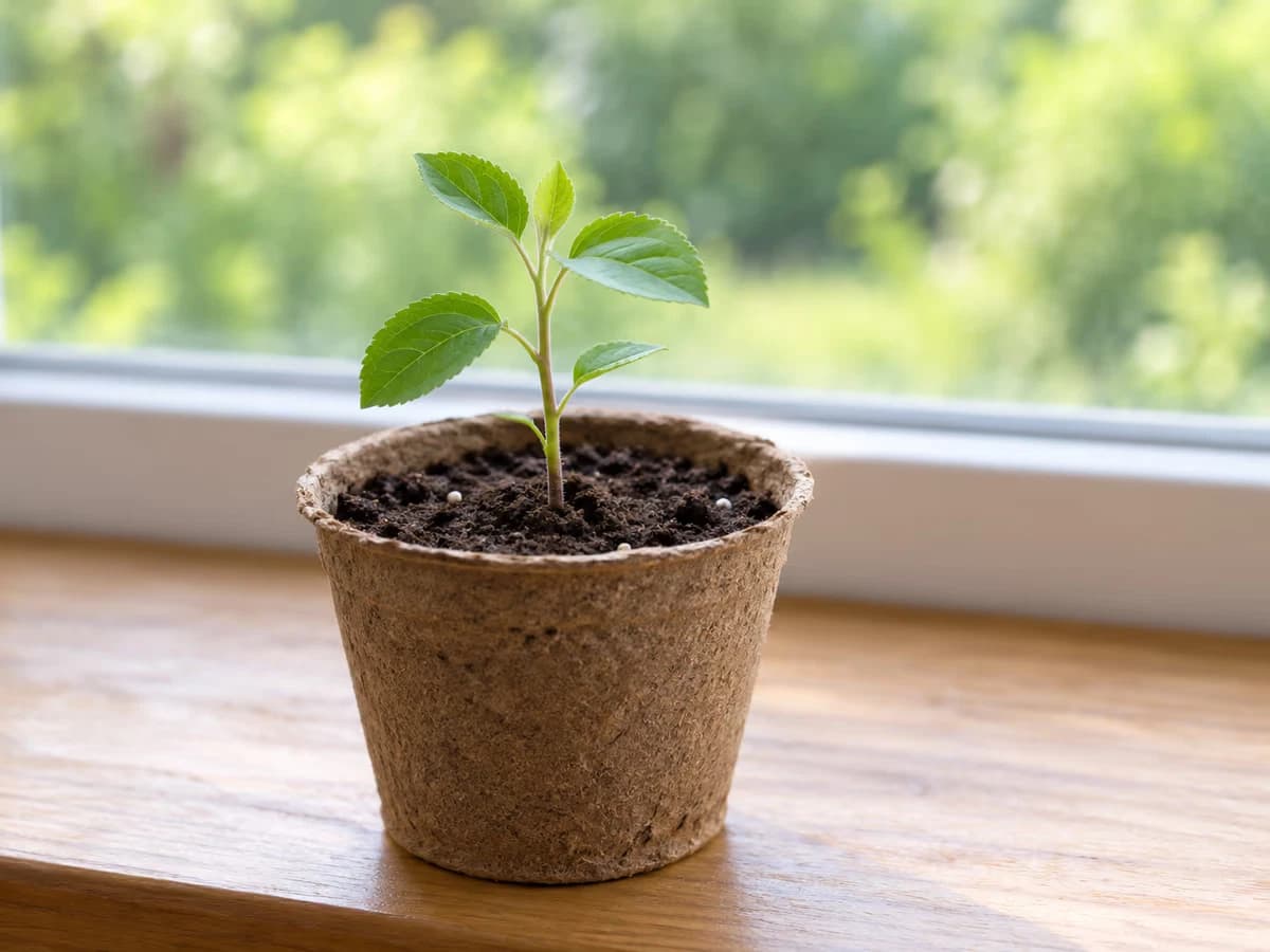 Jeune plant de pommier issu d'un pépin dans un godet de terreau, près d'une fenêtre