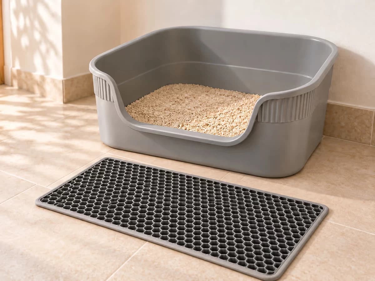 Tapis de litière gris à alvéoles posé devant l'entrée basse d'un bac de propreté compact, carrelage beige, lumière du matin
