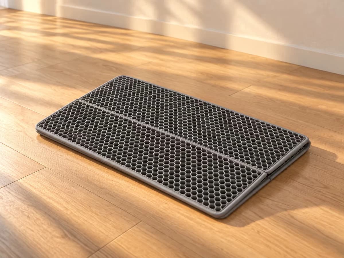 Tapis de litière gris plié en deux sur un parquet clair, plis marqués sur toute la longueur, lumière rasante de fin de journée