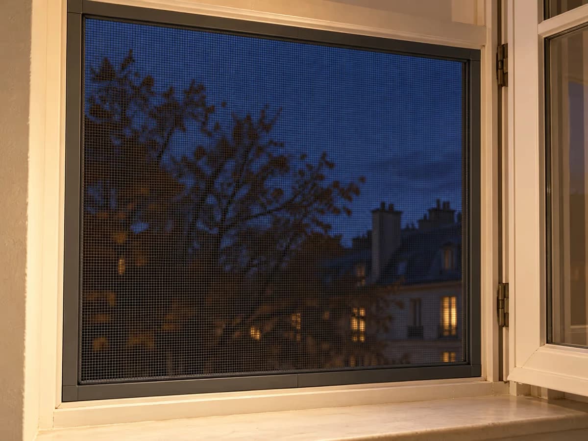 Panneau à tulle maillé posé sur le bâti d'une fenêtre ouverte, pièce éclairée vue de l'intérieur, ciel bleu nuit derrière la maille